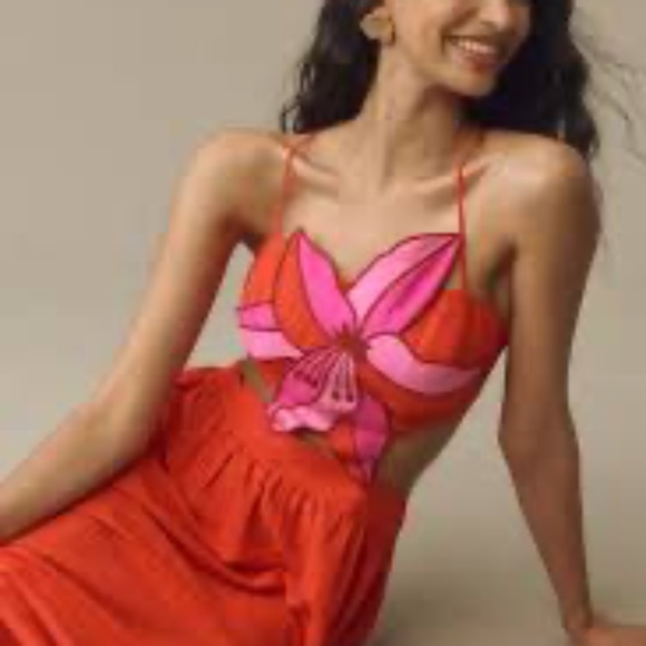 FARM Rio Floral Bodice Linen A-Line Midi Dress - Red M - Picture 3 of 5